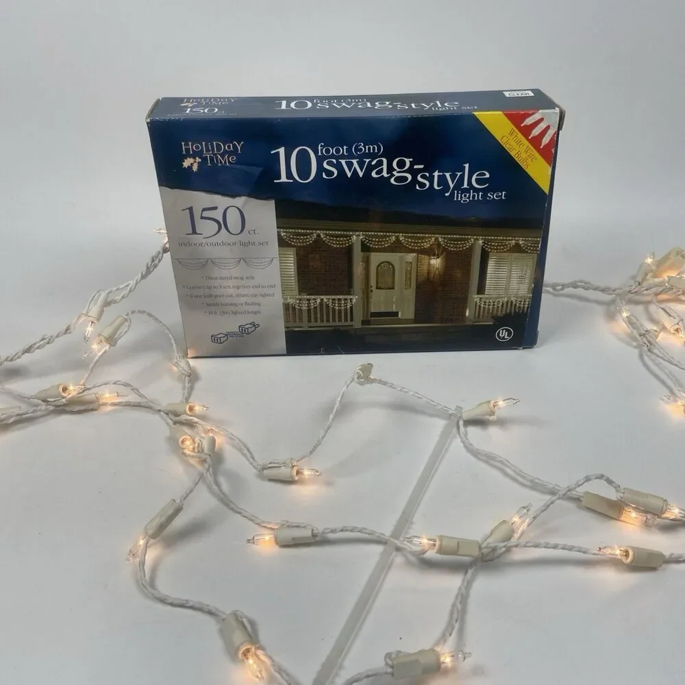 Swag-Style 10ft Indoor/Outdoor Light Sets White On White New in Box